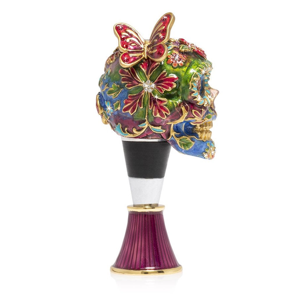 Jay Strongwater Decorative Calavera Sugar Skull Wine Stopper with Matching Hand - Enameled Metal Display Stand