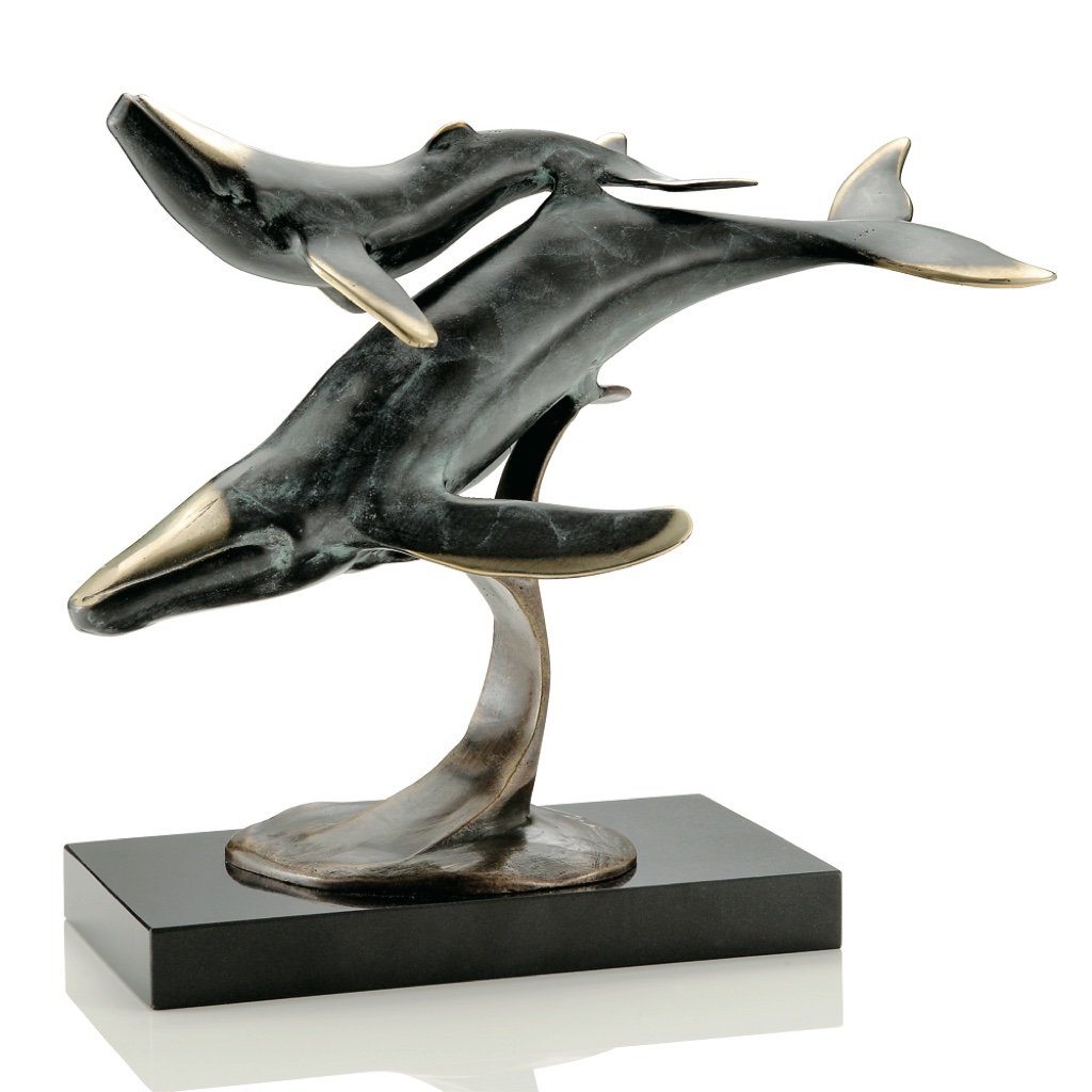 SPI Gallery Hand - crafted Brass Mom and Baby Whale Swimming on Wave Sculpture with Marble Base