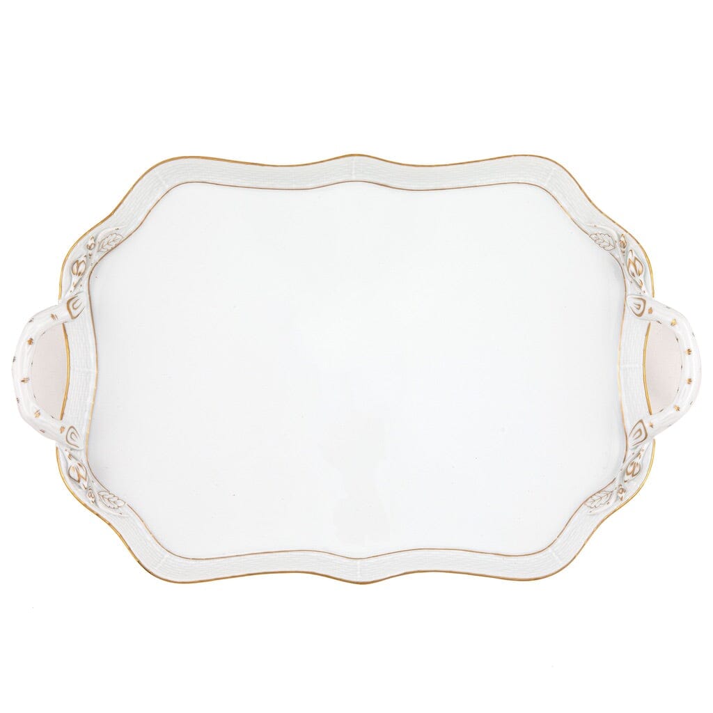 Herend Decorative Rectangular Tray with Branch Handles in Golden Edge Pattern