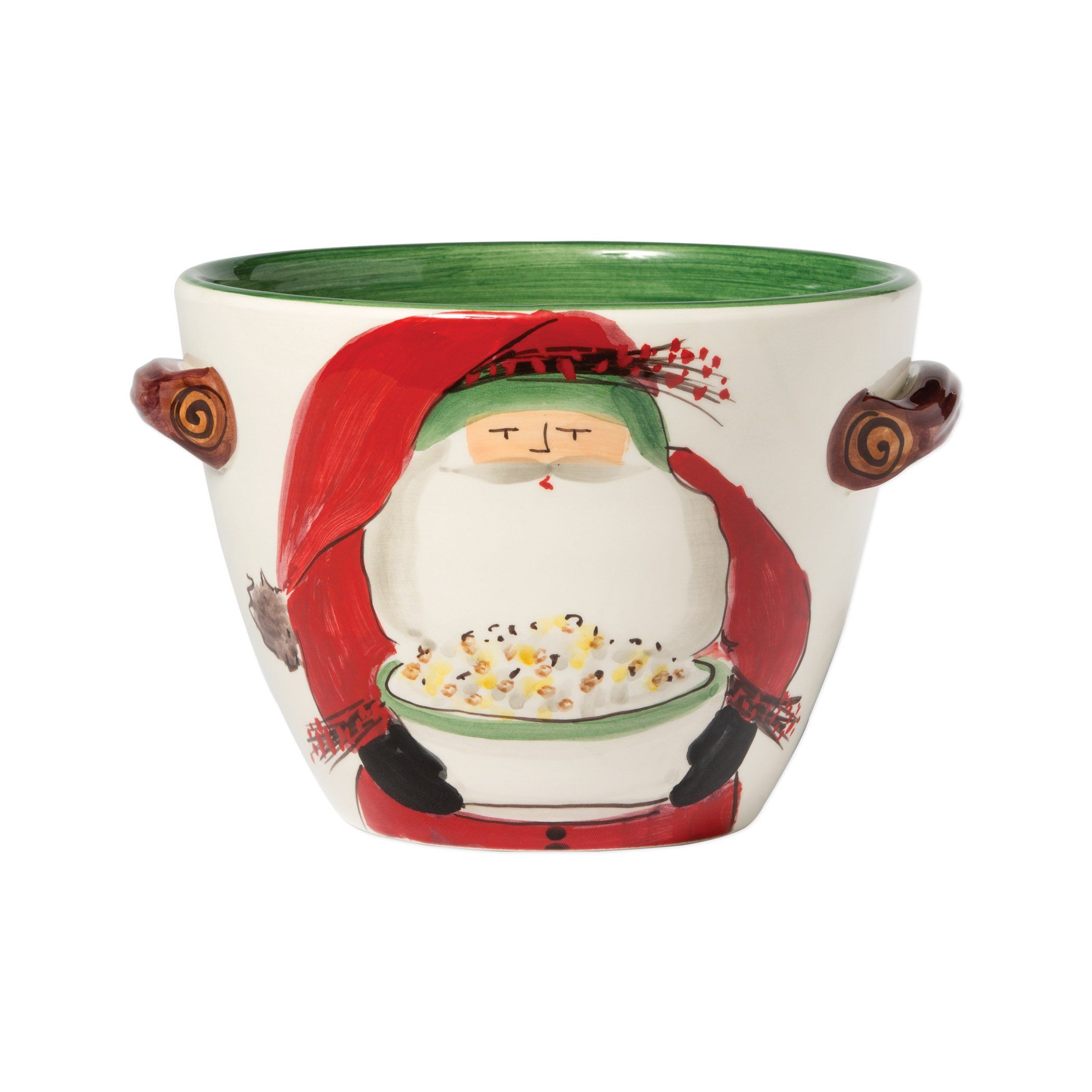 Vietri Artisanal Handled Deep Serving Bowl for Popcorn from the Old St. Nick Holiday Collection