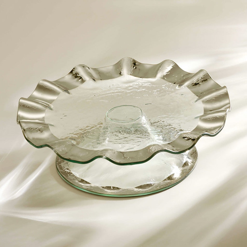 Annieglass Handmade Ruffle Design 24k Gold/Platinum Trim Pedestal Cake Stand