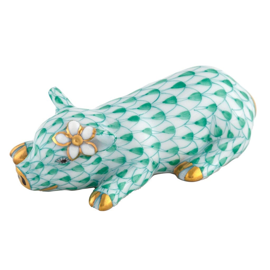 Exquisite Handmade Herend Porcelain Figurine of Daisy the Pig with a Daisy on Her Ear