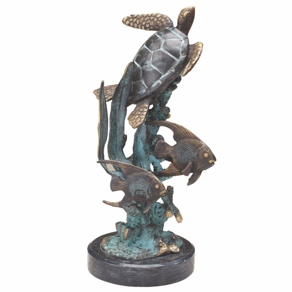 Single Brass Sea Turtle With Fish Sculpture for Home Decor from SPI Gallery