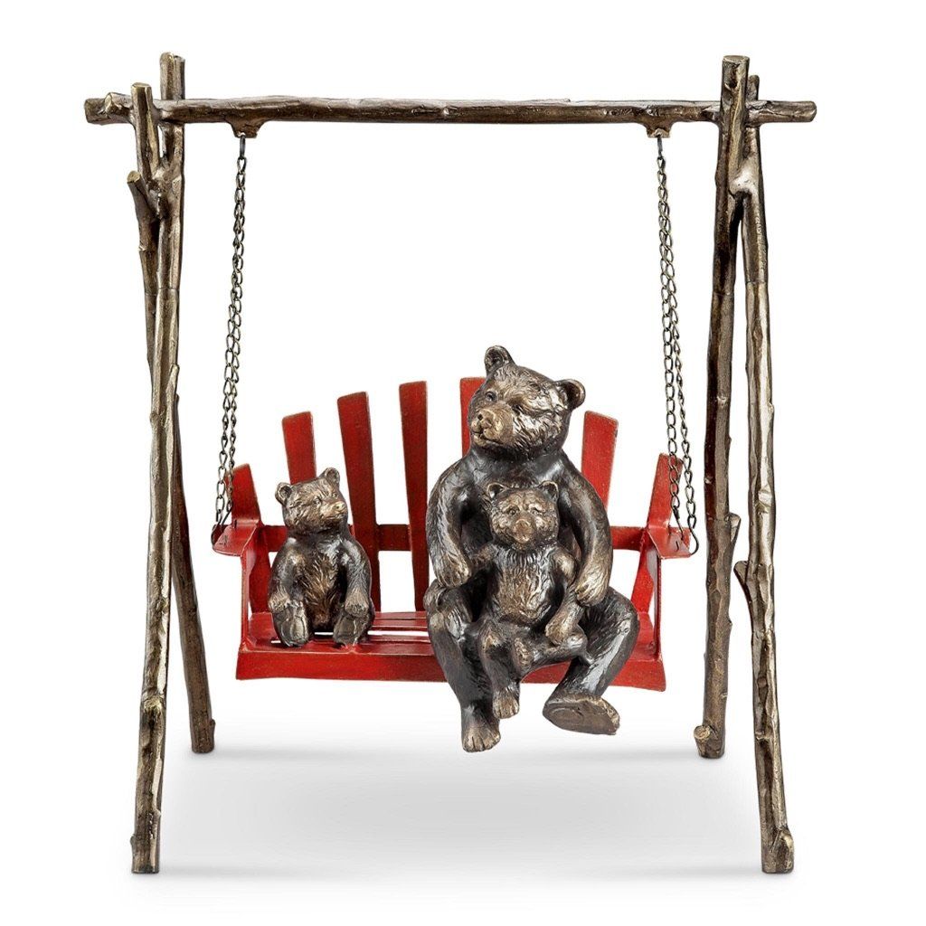 Handmade Aluminum Garden Sculpture of Bear and Cubs on Red Porch Swing