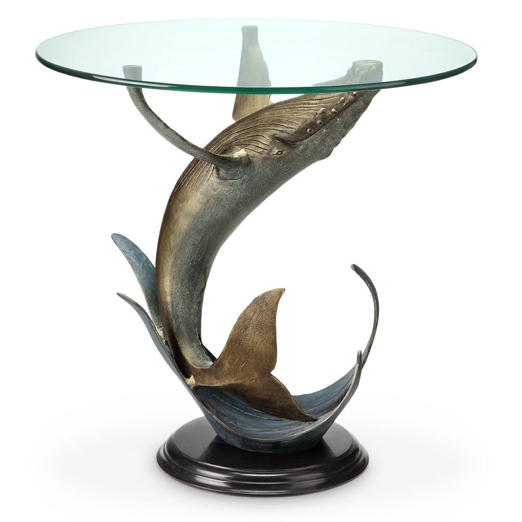 SPI Home Coastal Collection Aluminum Whale-shaped End Table with Marble Base and Glass Top