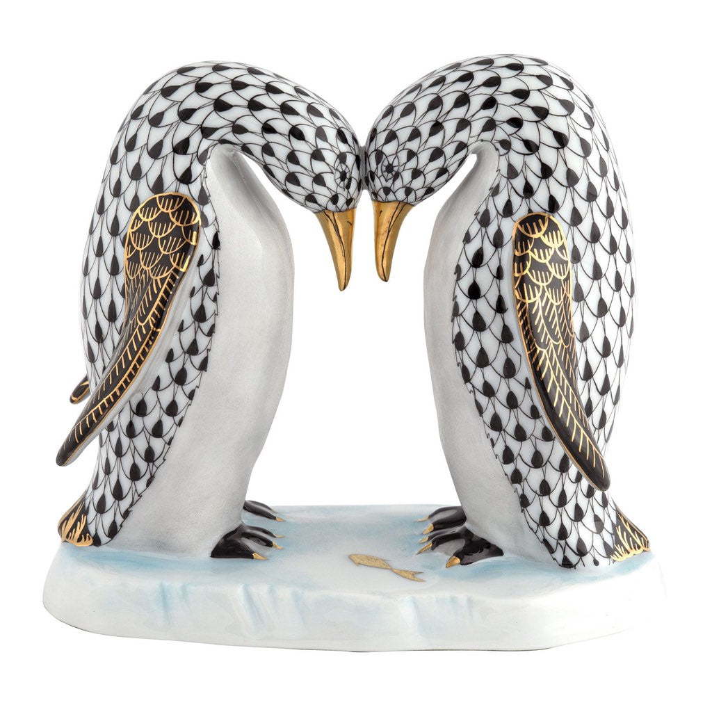 Handmade Herend Pair of Face - to - Face Penguins Figurine with 24K Gold Accents