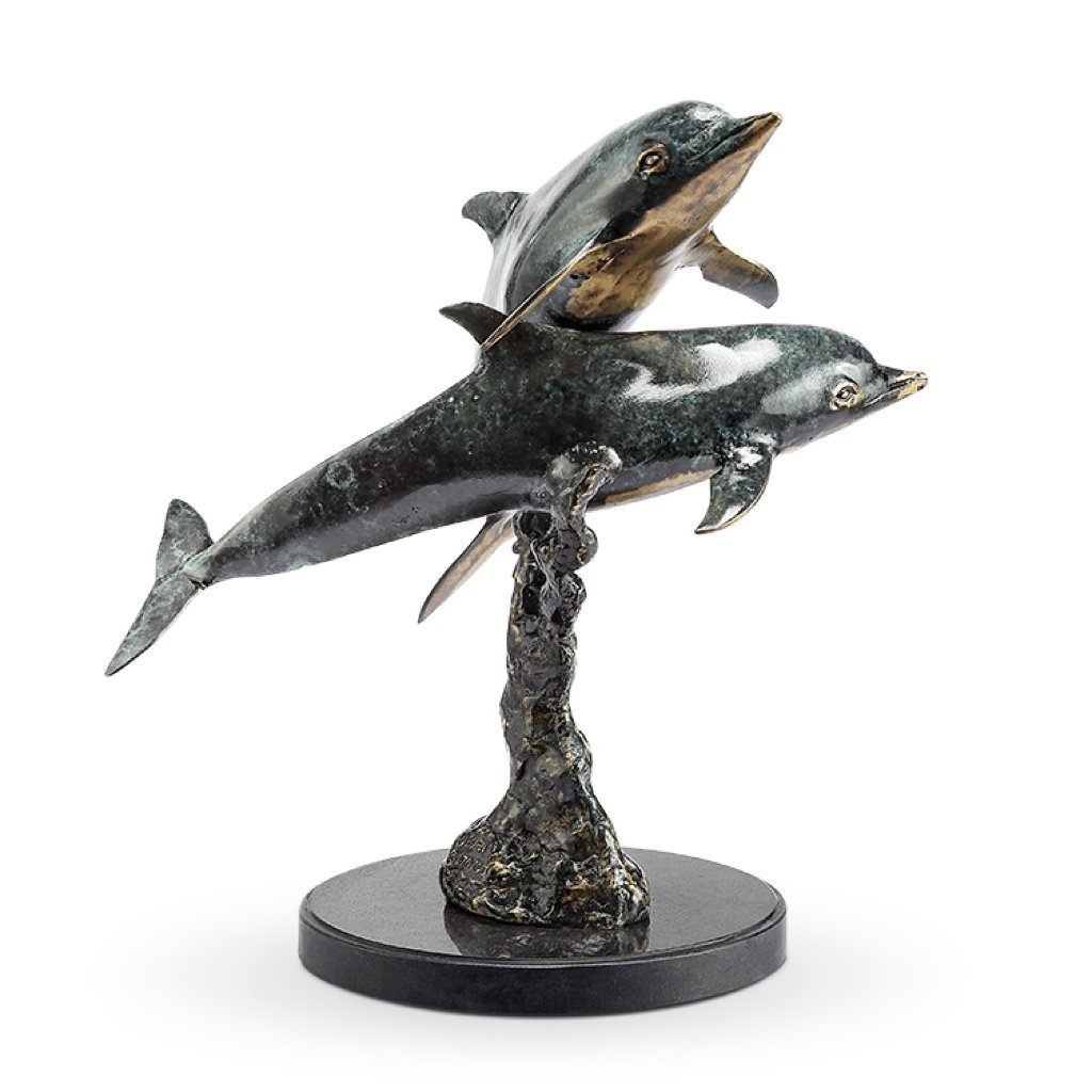 SPI Gallery Handmade Brass Playful Dolphin Pair Sculpture with Marble Base