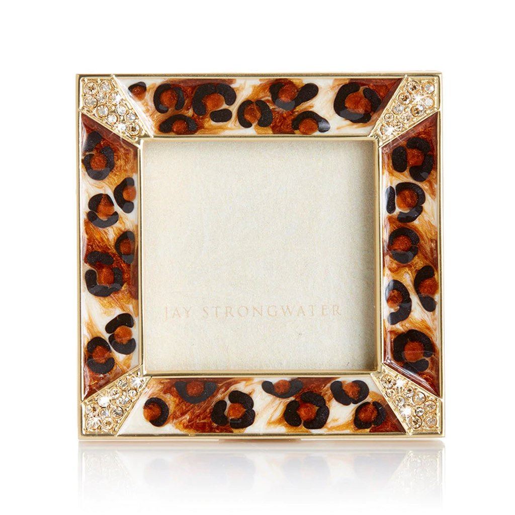 Jay Strongwater Decorative Picture Frame - Leland Pave Corner 2 Square Frame with Amber Leopard Design