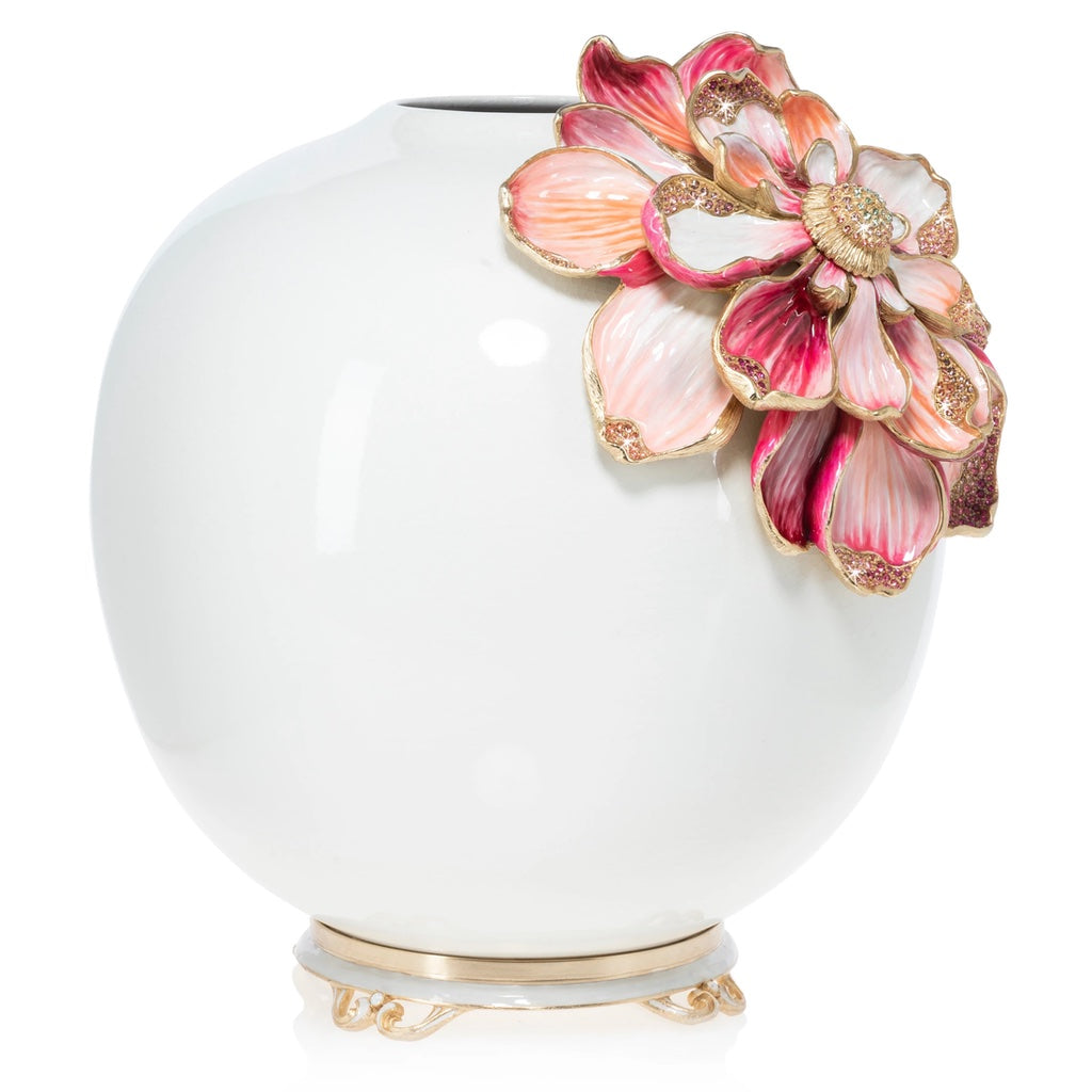 Exquisite Jay Strongwater Decorative Dolly Magnolia Ceramic Vase with Metal Base and Crystal - Adorned Magnolia