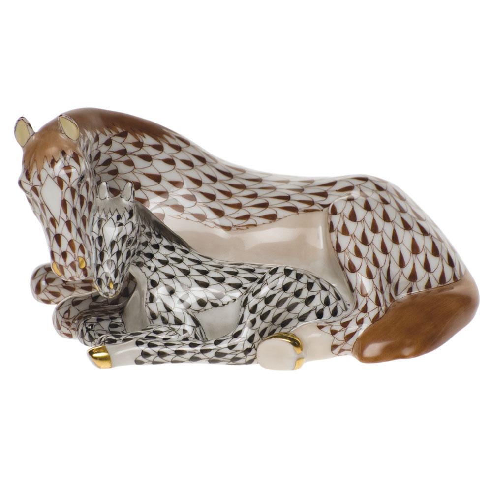 Exquisite Hand - painted Herend Chocolate Mare with Black Foal Porcelain Figurine