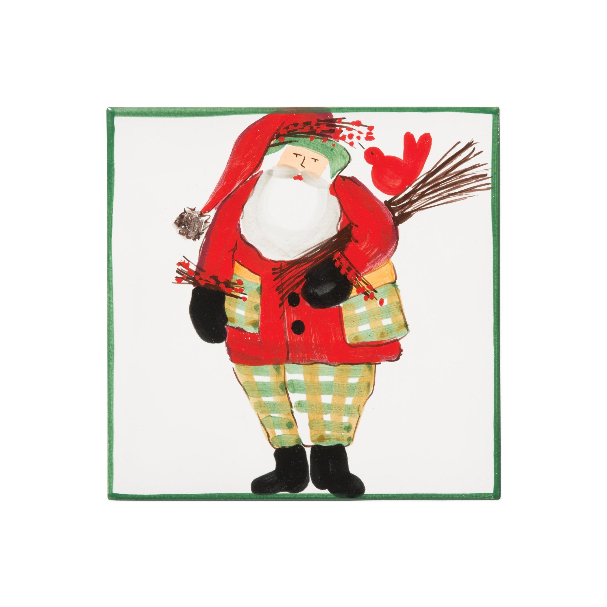 Vietri Handmade Old St. Nick Trivet with Green Border and Wood Pile Design
