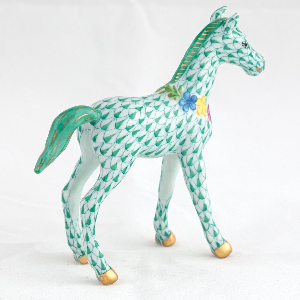 Herend Handmade Porcelain Figurine of a Playful Foal Adorned with Flowers