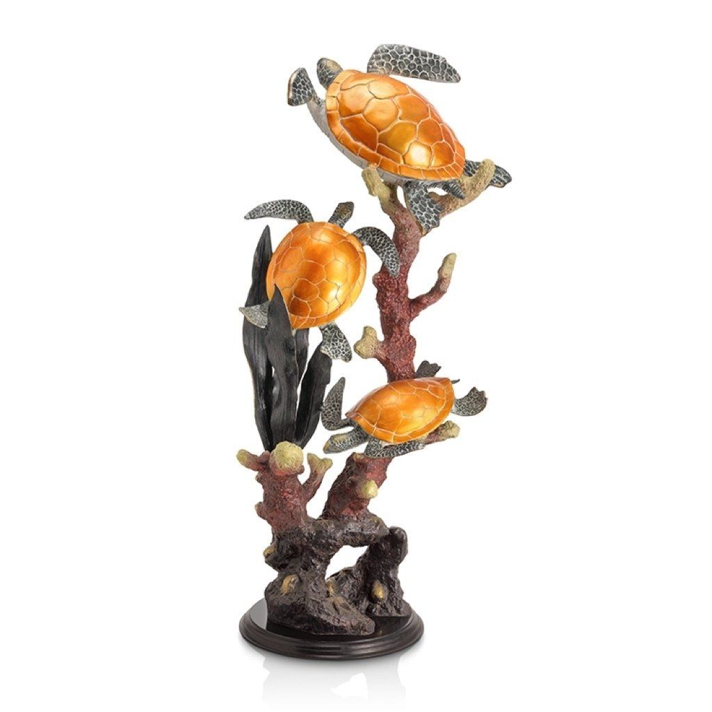 Stunning SPI Gallery Handmade Brass Sea Turtles and Coral Seascape Sculpture with Marble Base