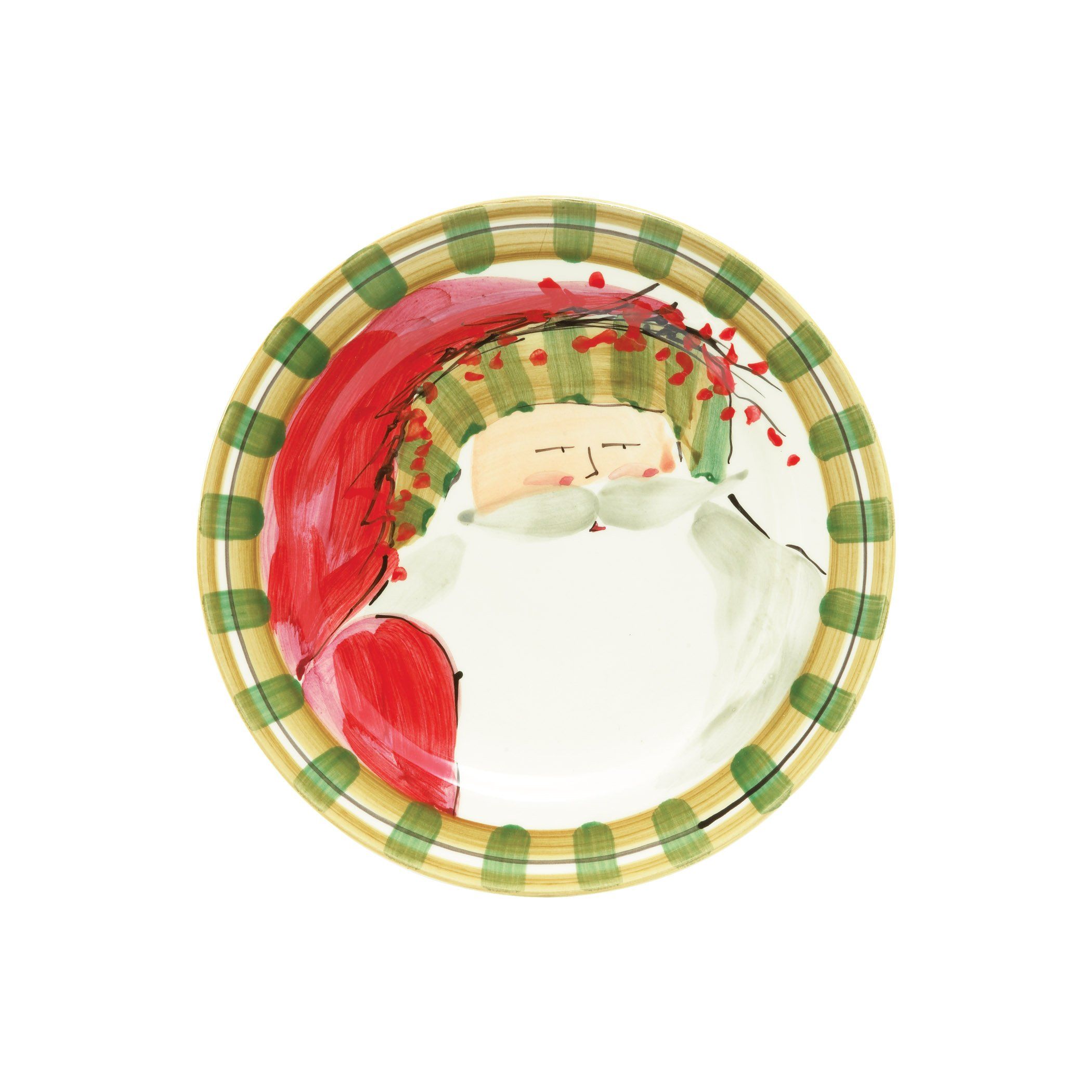 Vietri Old St. Nick Striped Hat Design Round Salad Dinner Plate for Holiday Use