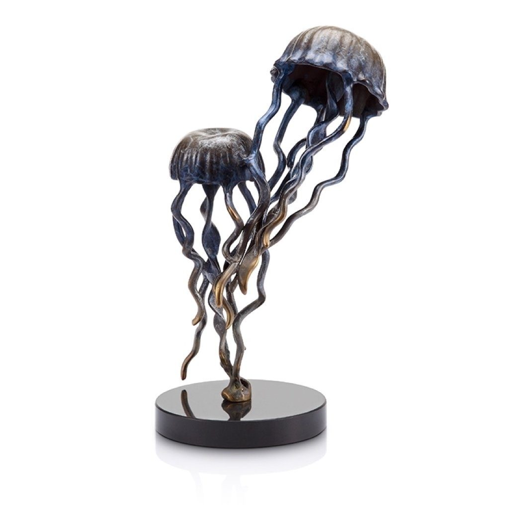 Brass Handmade Sea Life Sculpture: Pair of Jellyfish on Marble Base