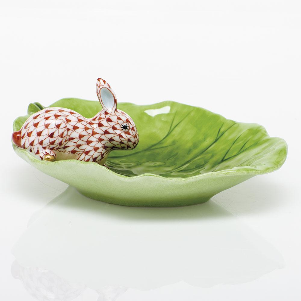 Charming Herend Hand - painted Porcelain Bunny Statue on Cabbage Leaf Figurine