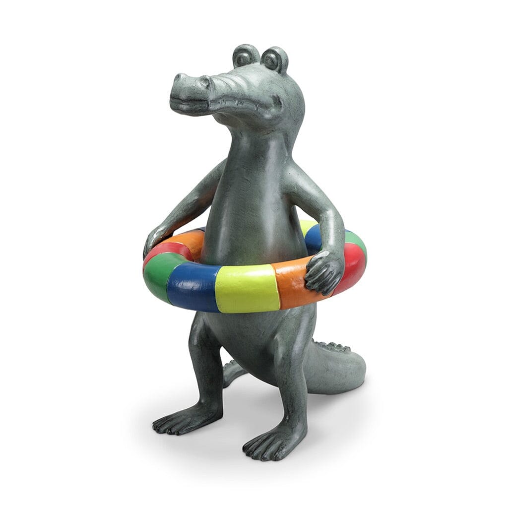 SPI Aluminum Garden Pool Ornament - Time Gator Sculpture with Multicolored Pool Floatie