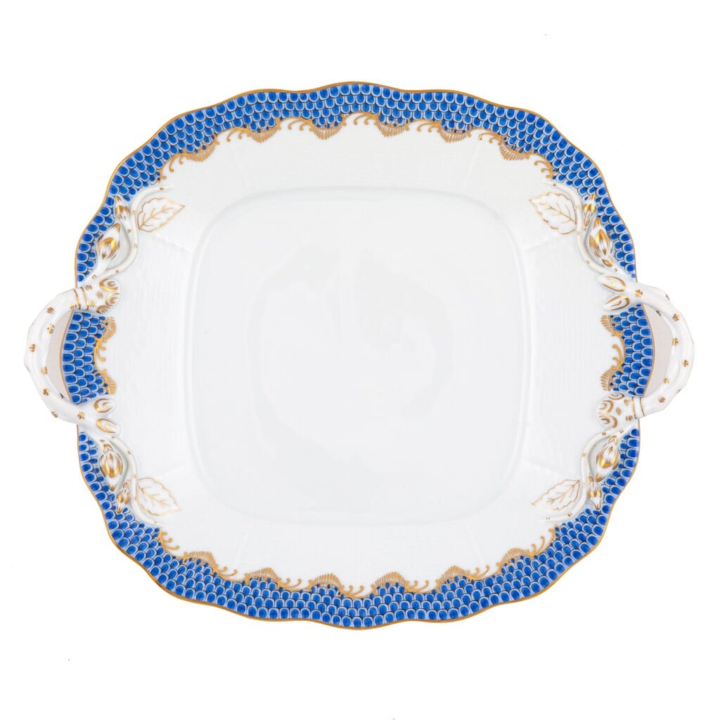 Herend Square Cake Plate With Handles Featuring Fish Scale Pattern