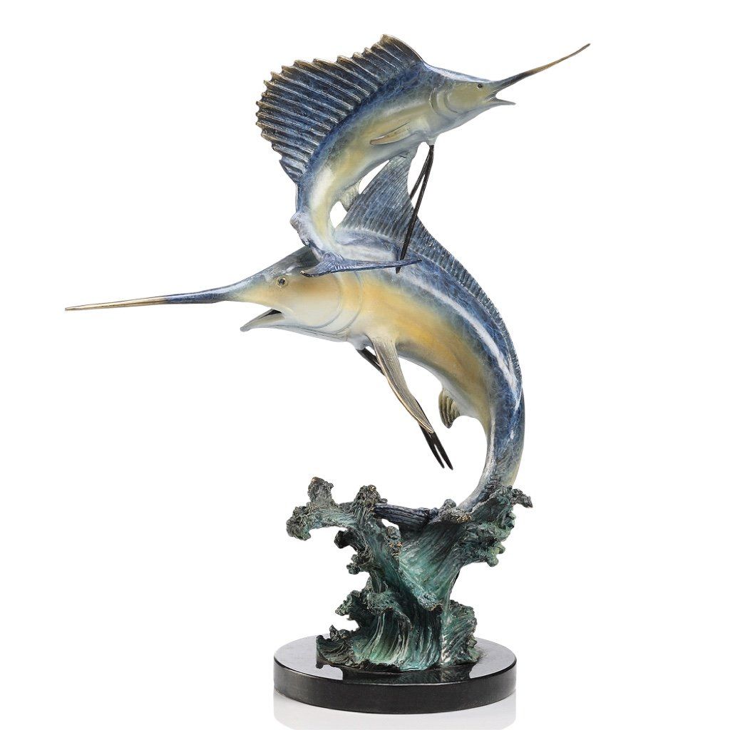 SPI Gallery Handmade Brass Double Marlin and Sailfish Trophy Sculpture