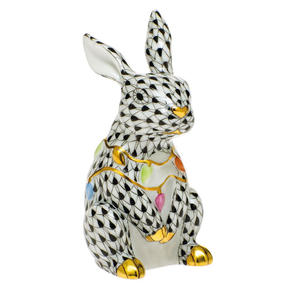 Exquisite Herend Handmade Porcelain Bunny Figurine Adorned with Christmas Lights