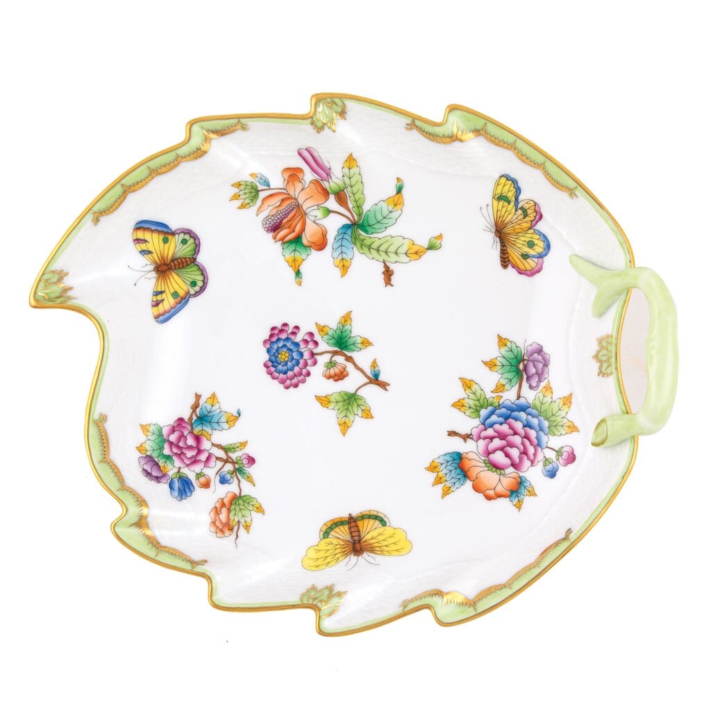 9.5-Inch Herend Queen Victoria Pattern Leaf-Shaped Fine Porcelain Dish