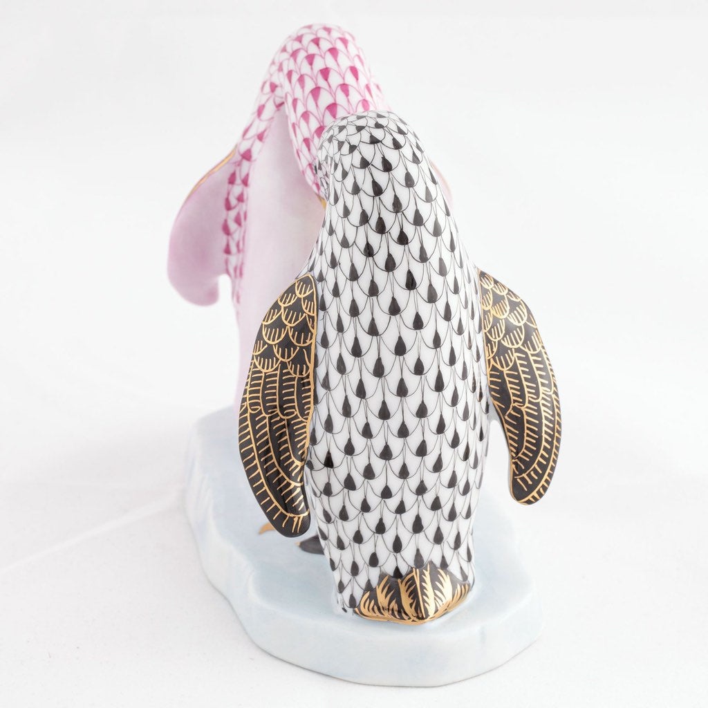 Handmade Herend Pair of Face - to - Face Penguins Figurine with 24K Gold Accents