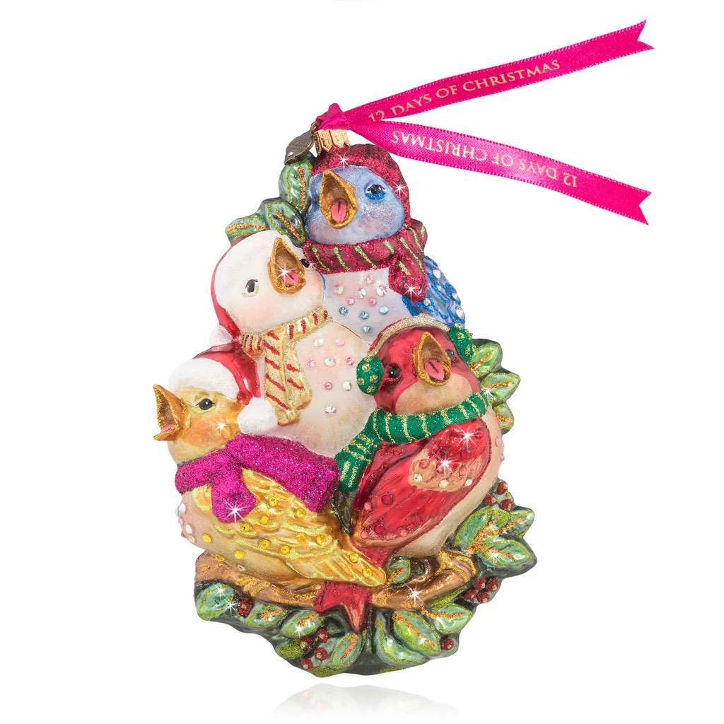 Jay Strongwater Exquisite Glass Ornament of Four Calling Birds for Christmas Decor