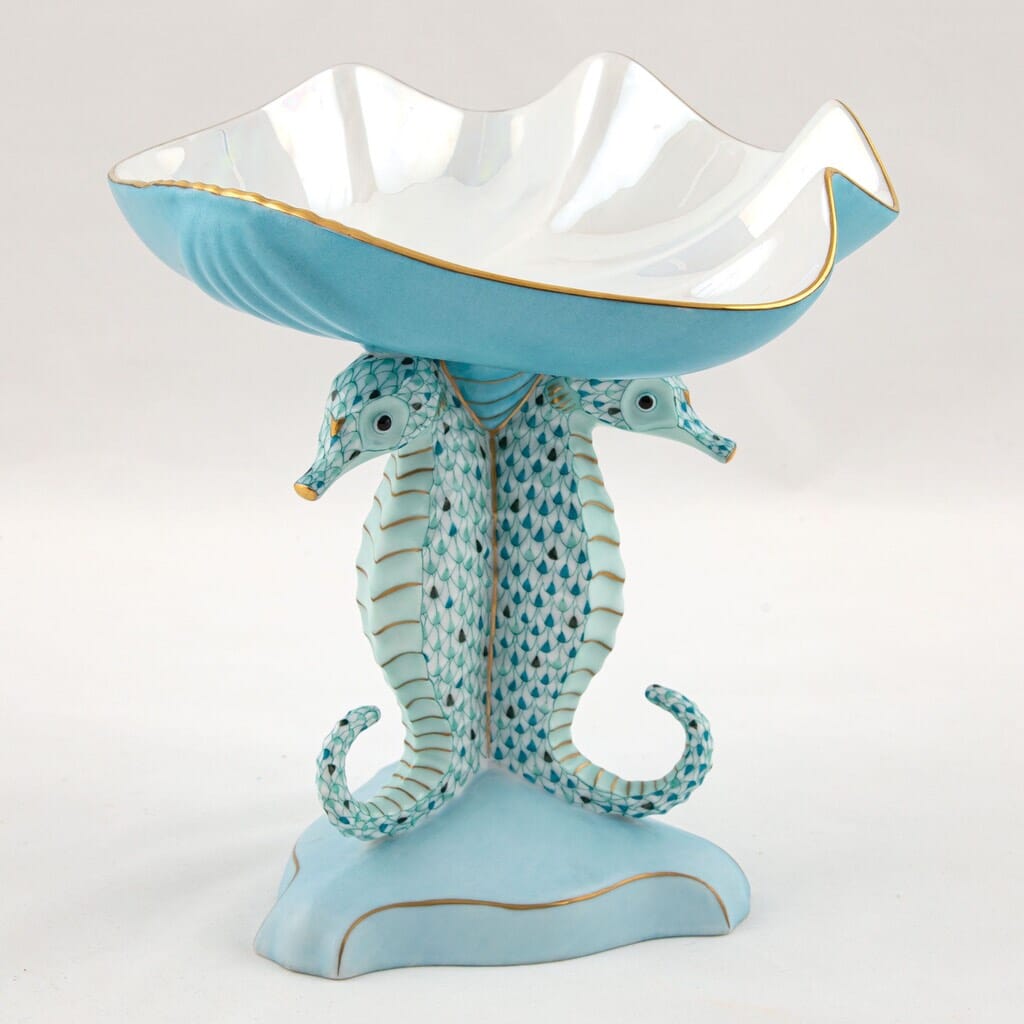Limited Edition Herend Hand - painted Porcelain Seahorse Shell Compote