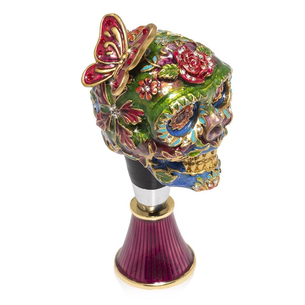 Jay Strongwater Decorative Calavera Sugar Skull Wine Stopper with Matching Hand - Enameled Metal Display Stand