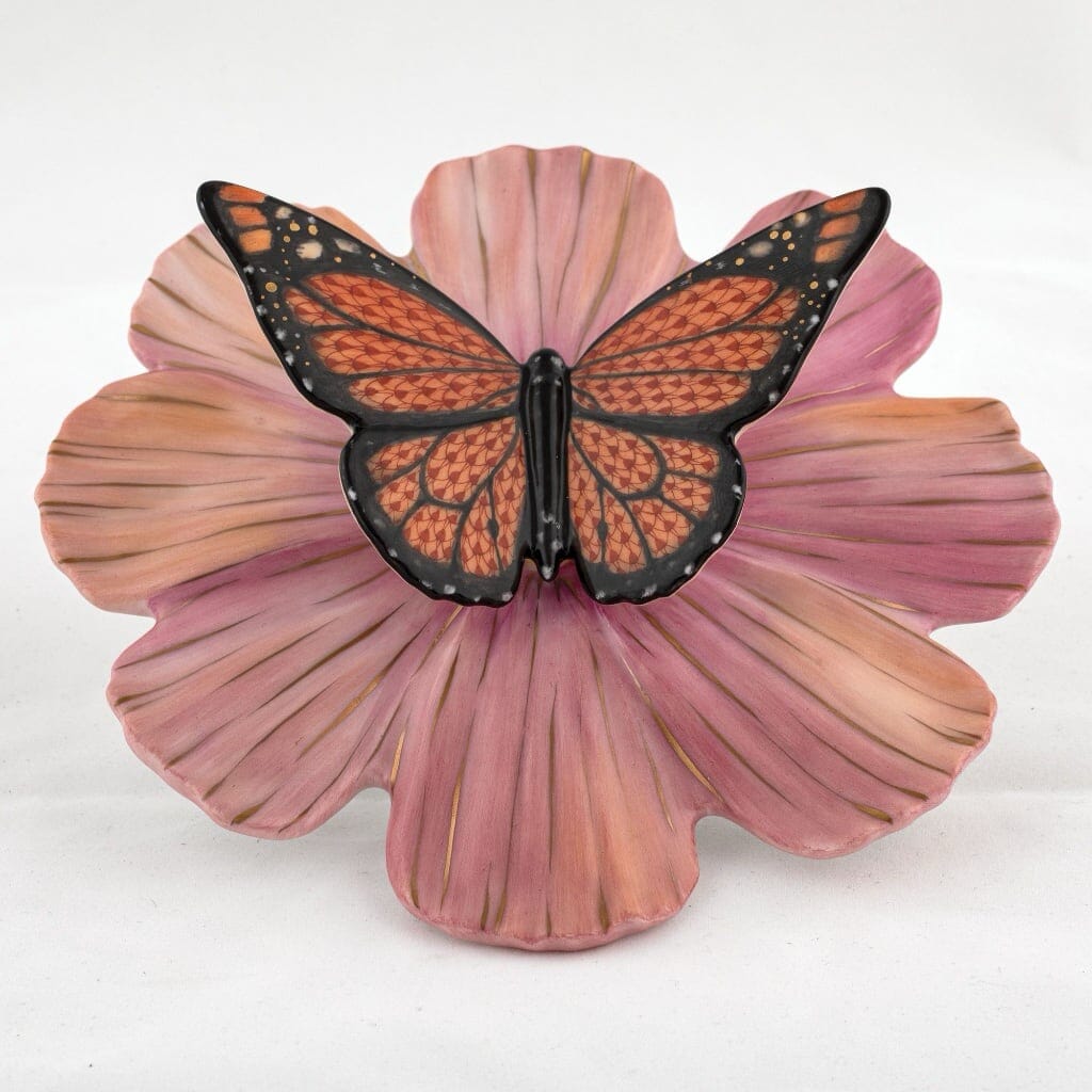 Limited Edition Herend Monarch Butterfly Figurine on Cosmos Flower - Handmade Porcelain Collectible