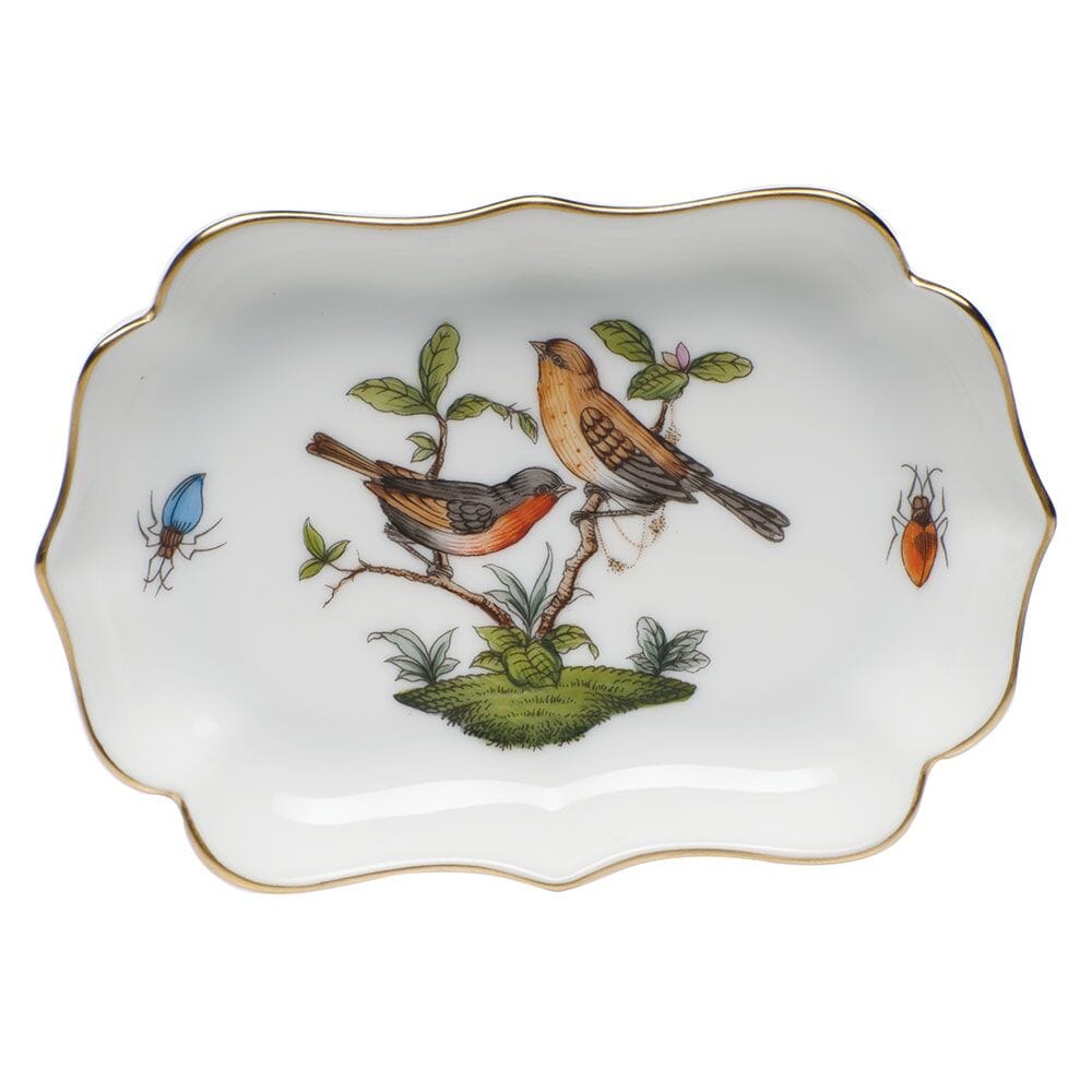 Herend Handmade Mini Scalloped Tray with Rothschild Bird Illustrations and 24K Gold Accents