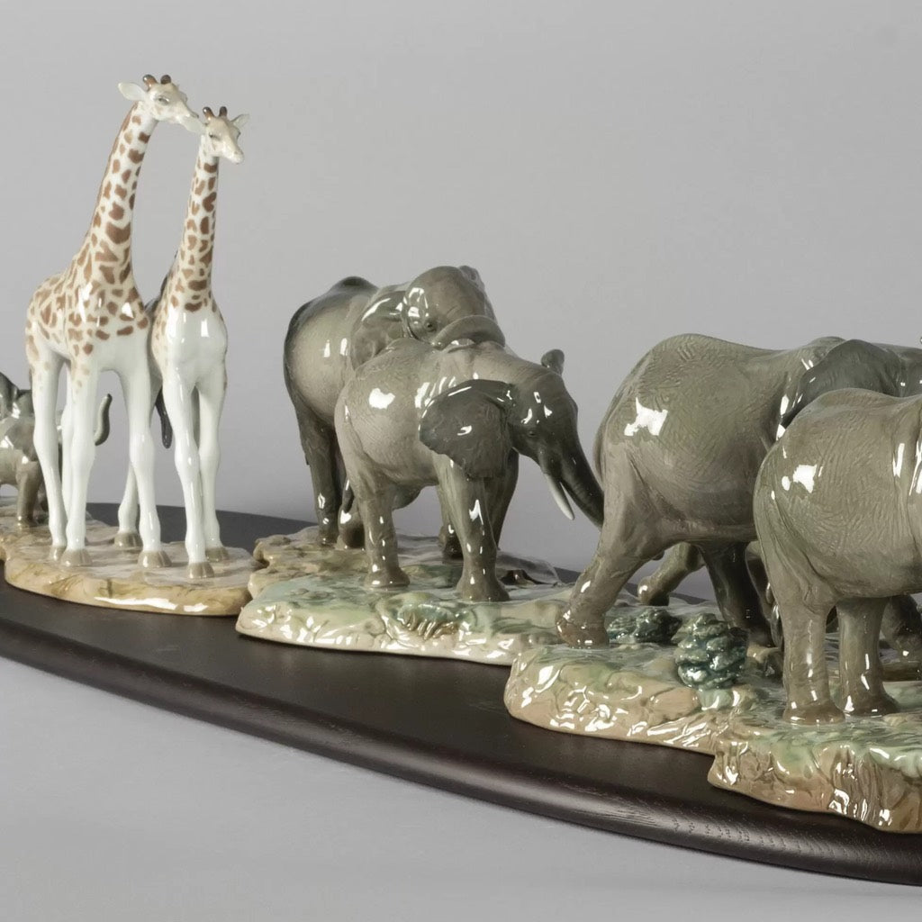 Exquisite Lladro Handmade Porcelain African Savannah Art Sculpture with Elephant and Giraffe Figures