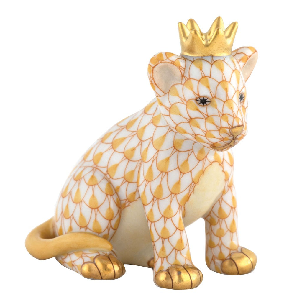 Exquisite Herend Hand - made Porcelain Lion Cub Figurine Wearing a Crown