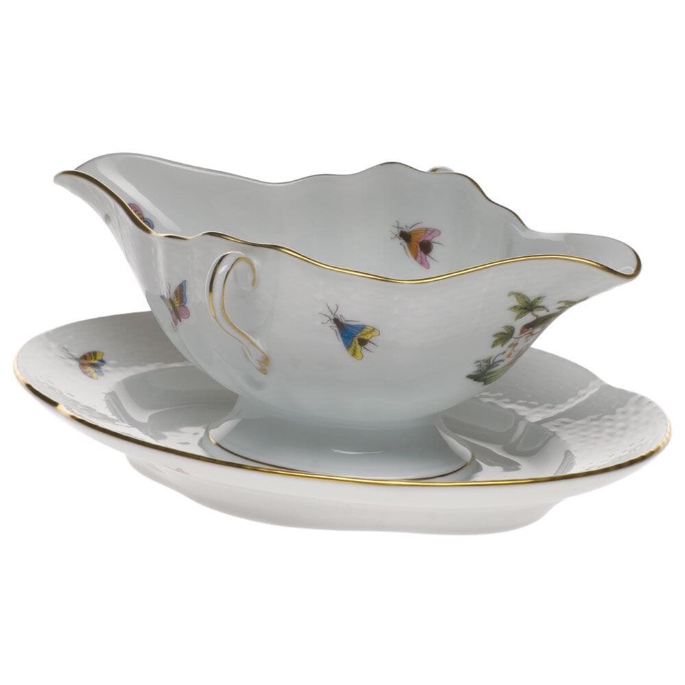 Handmade Herend Rothschild Bird Gravy Boat with Attached Stand