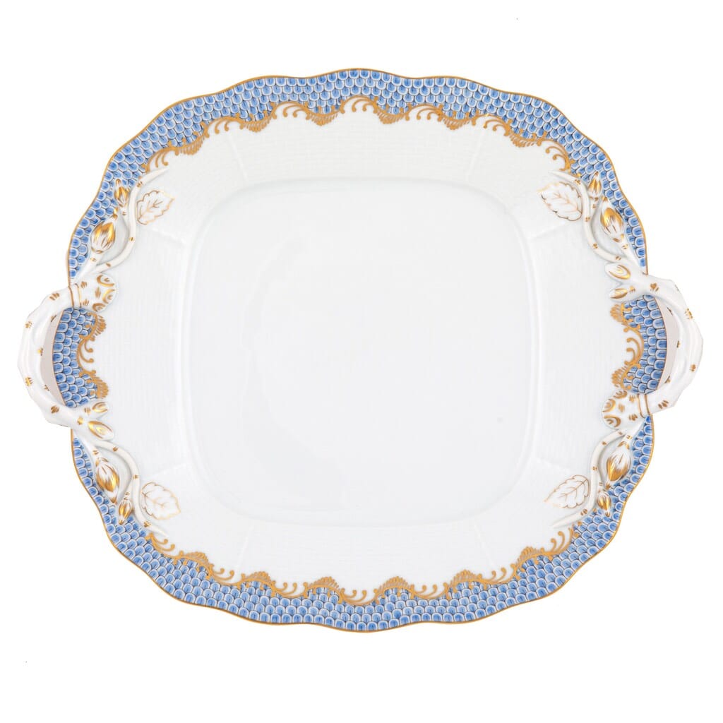 Herend Square Cake Plate With Handles Featuring Fish Scale Pattern