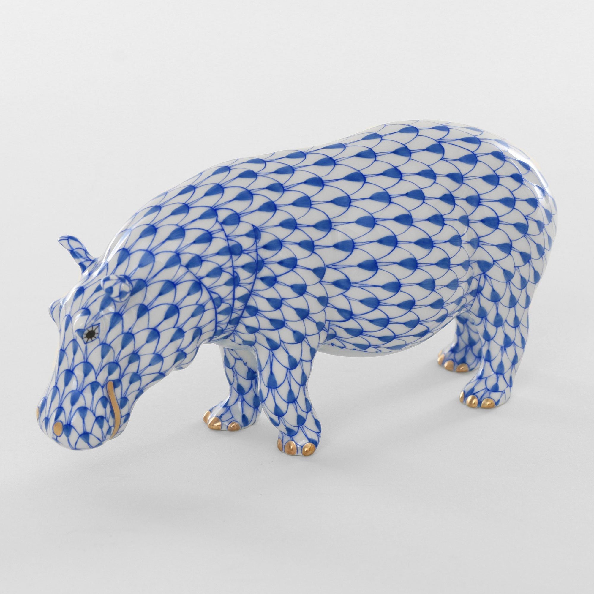 Handmade Herend Medium-Sized Hand-Painted Porcelain Hippopotamus Figurine