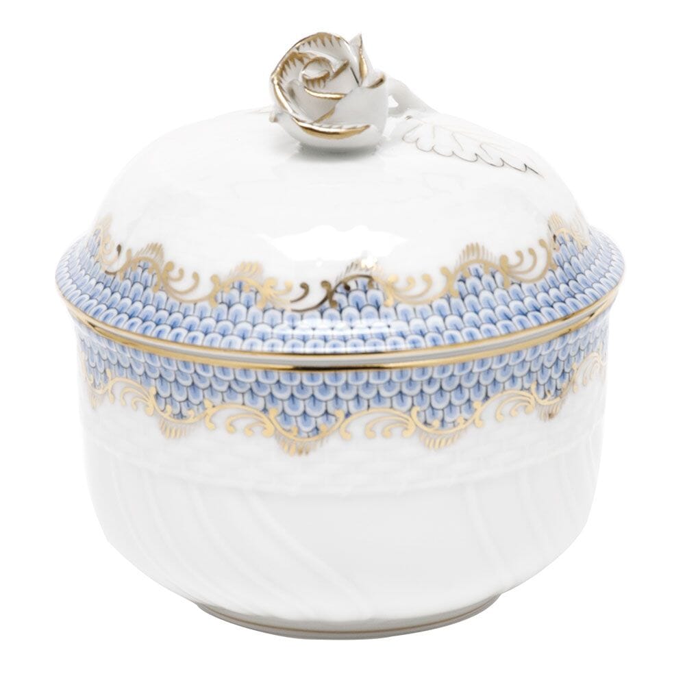 Herend Decorative Fish Scale Pattern Covered Sugar Bowl With Rose Embellishment