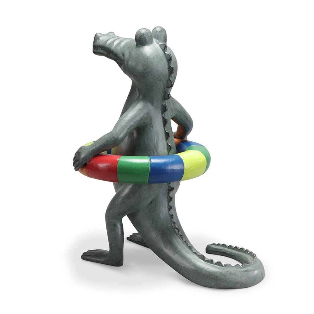 SPI Aluminum Garden Pool Ornament - Time Gator Sculpture with Multicolored Pool Floatie