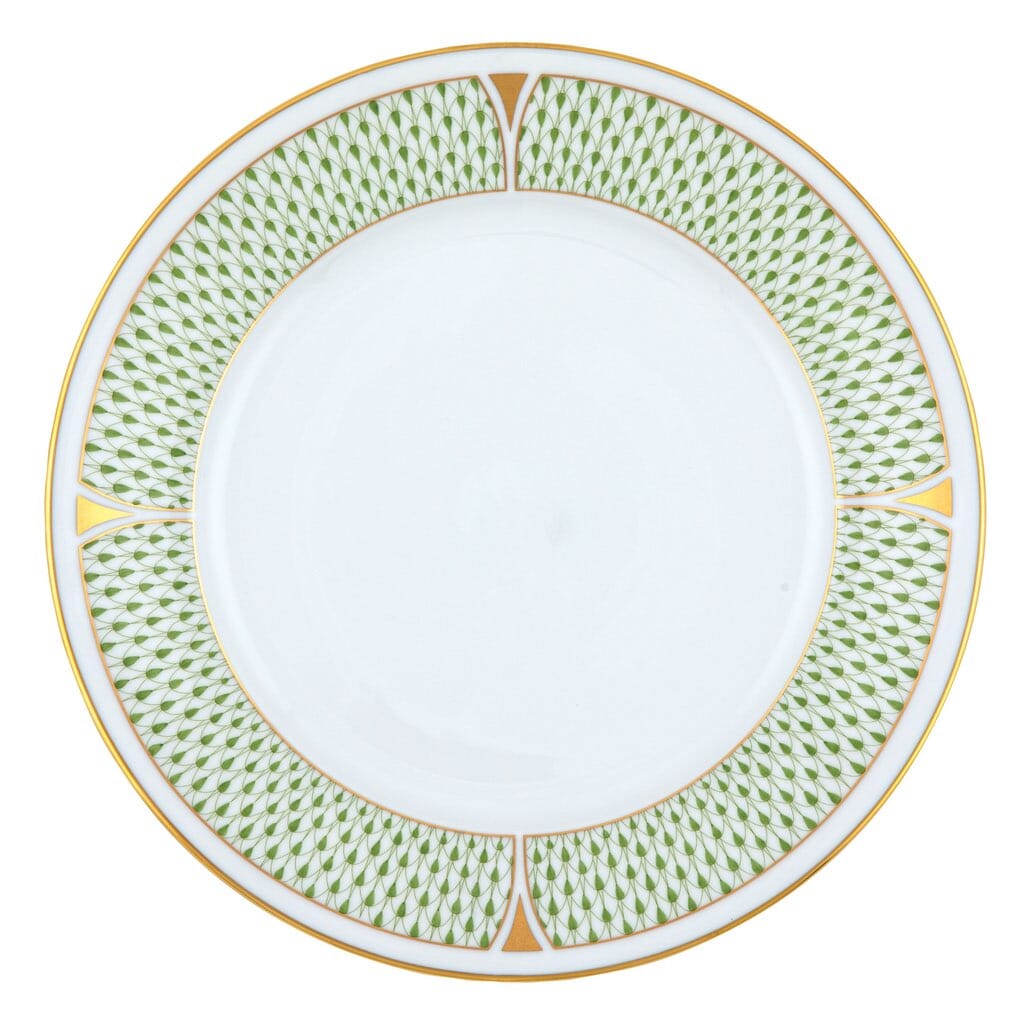 Herend Art Deco Style Dinner Plate with Modernized Trademark Fishnet Pattern and 24K Gold Geometric Accents