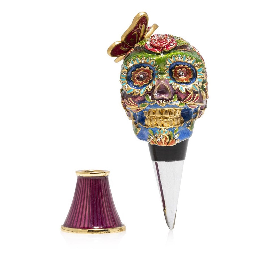 Jay Strongwater Decorative Calavera Sugar Skull Wine Stopper with Matching Hand - Enameled Metal Display Stand