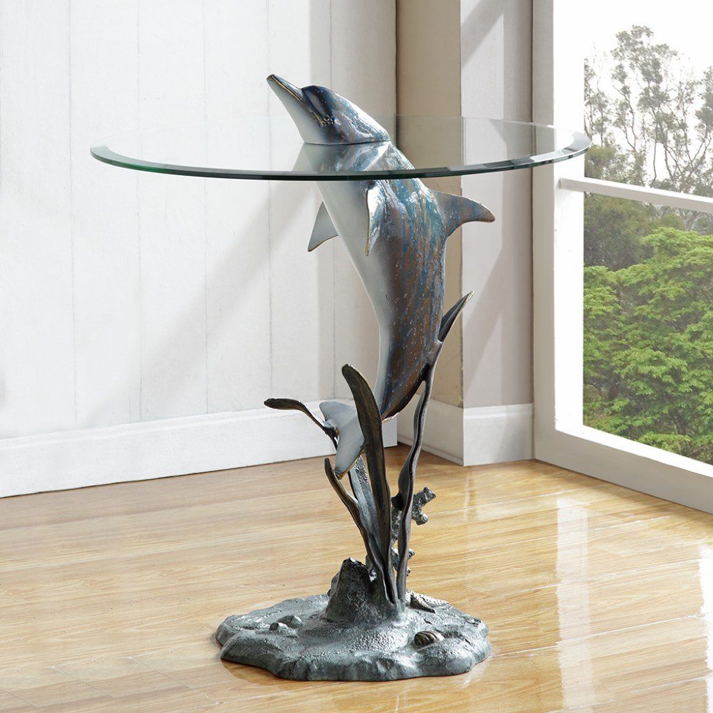 2019 SPI Coastal Aluminum Hand - Cast Glass - Top Surfacing Dolphin End Table