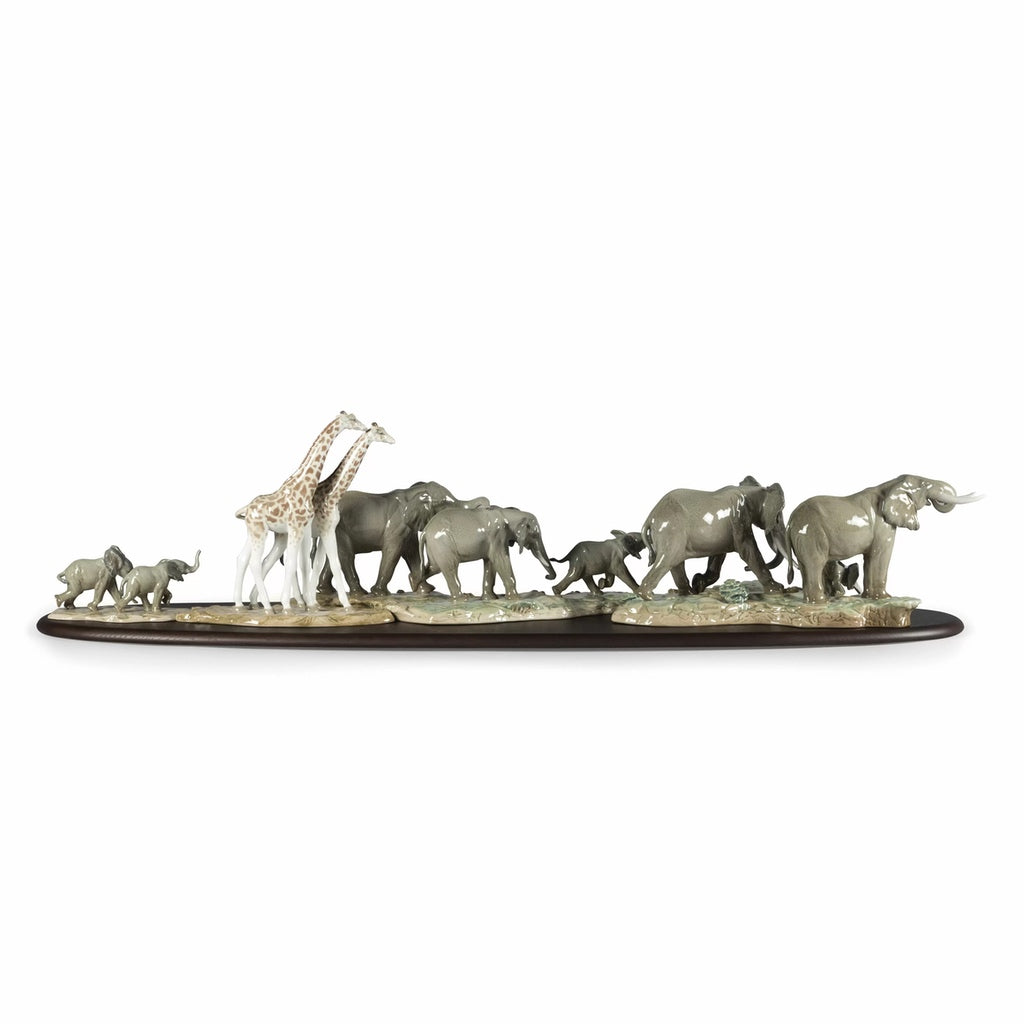 Exquisite Lladro Handmade Porcelain African Savannah Art Sculpture with Elephant and Giraffe Figures