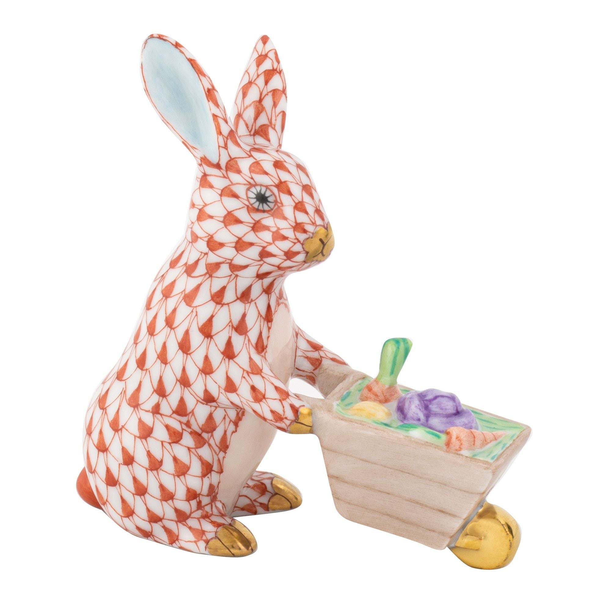 Handmade and Hand - painted Herend Wheelbarrow Bunny Porcelain Figurine