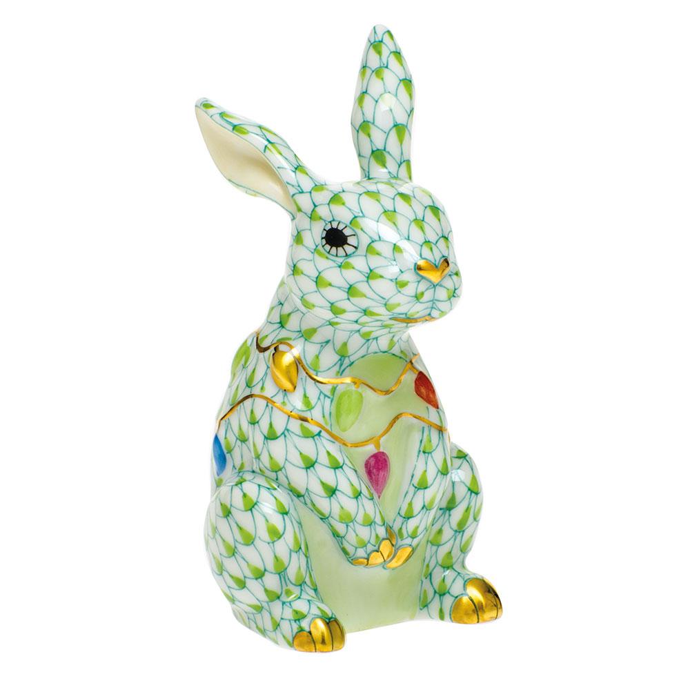 Exquisite Herend Handmade Porcelain Bunny Figurine Adorned with Christmas Lights