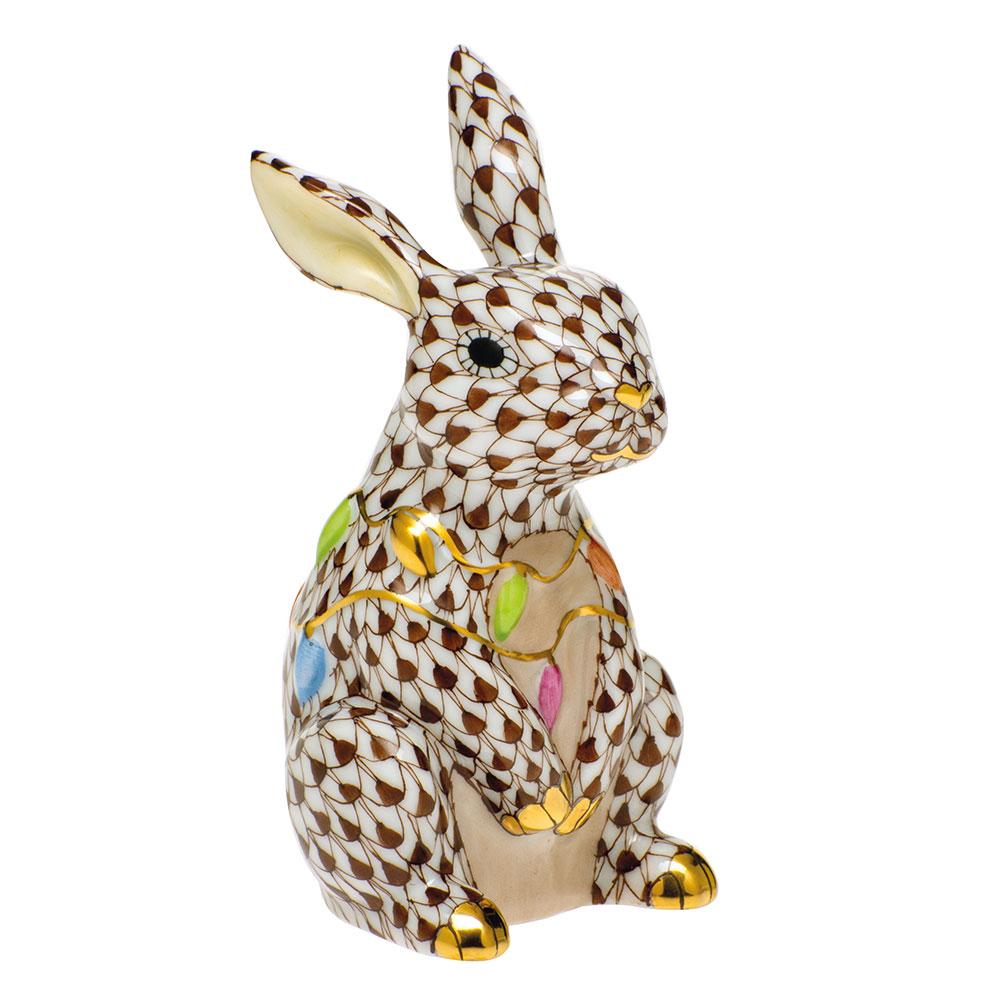 Exquisite Herend Handmade Porcelain Bunny Figurine Adorned with Christmas Lights