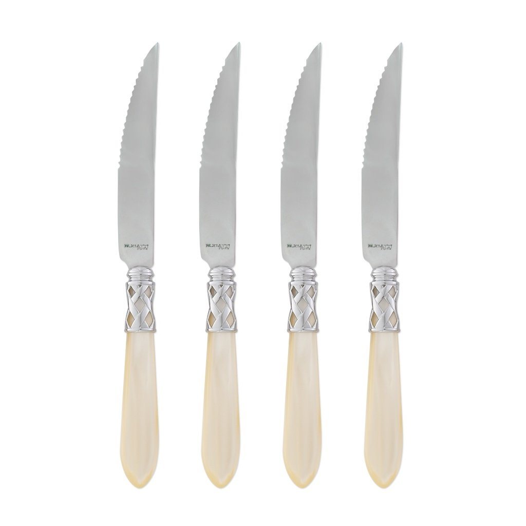 Vietri Aladdin Set of 4 High - Glossy Chrome Finish Steak Knives for Sophisticated Dining