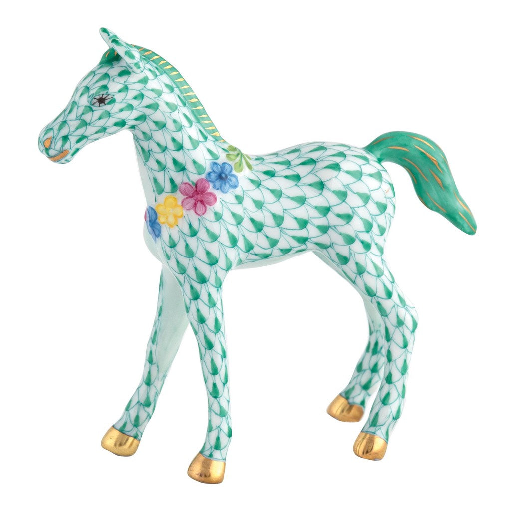 Herend Handmade Porcelain Figurine of a Playful Foal Adorned with Flowers