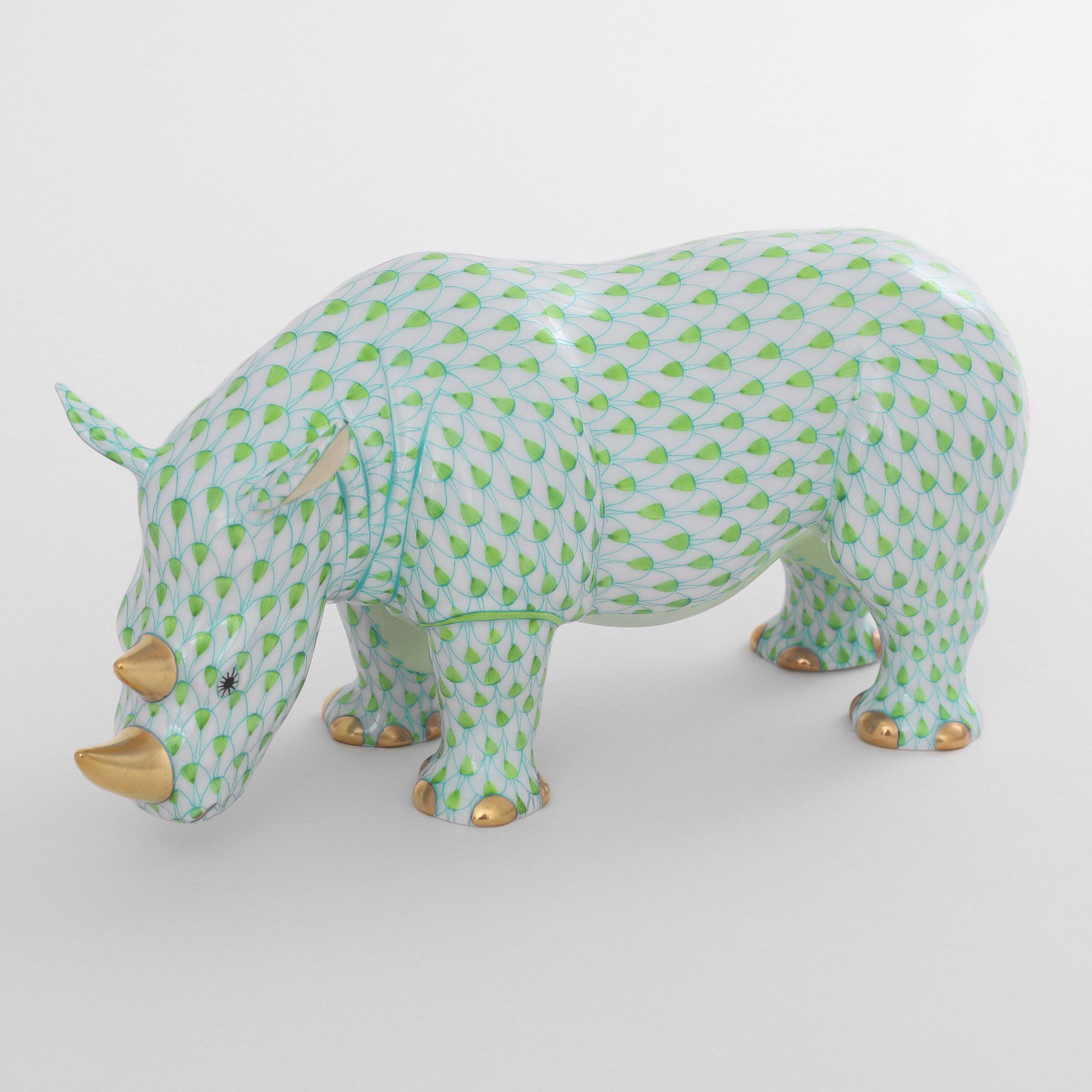 Exquisite Handmade Herend Standing Rhinoceros Porcelain Figurine