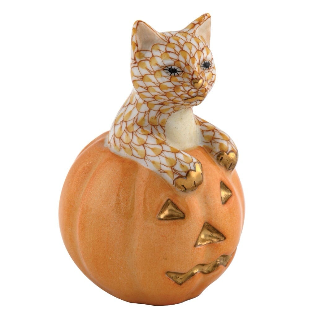 Handmade Herend Jack O Lantern Style Kitty Porcelain Figurine for Decor