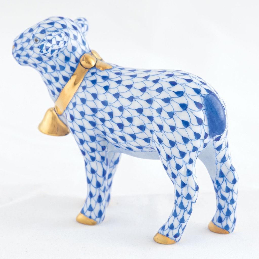 Exquisite Hand - painted Herend Porcelain Lamb Figurine with 24Kt Gold Bell